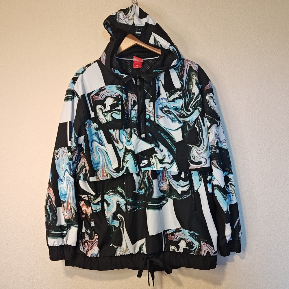 Nike Windbreaker Women XL Black Marble Swirl Graphic Half Zip‎ Anorak 908766-010